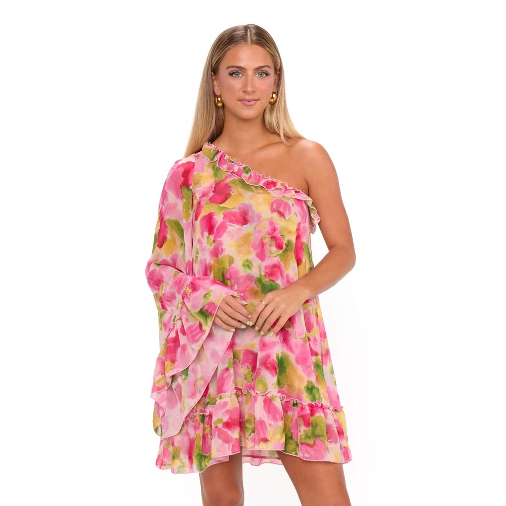 Show Me Your Mumu Wonder Mini Dress Size S Watercolor Floral One Shoulder